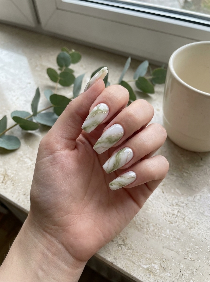 Close-up of a hand showing an olive green nail art idea with green and white marble swirls and gold foil lines, surrounded by eucalyptus leaves.