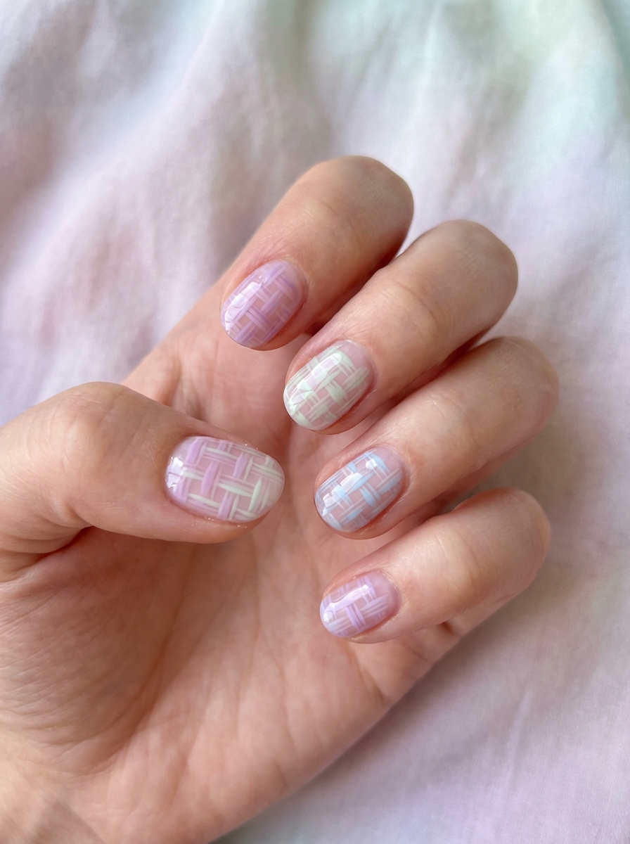 Hand with short rounded nails painted in pastel pink, mint, and blue crosshatch patterns resembling an Easter basket weave—an easter nail art idea with texture.