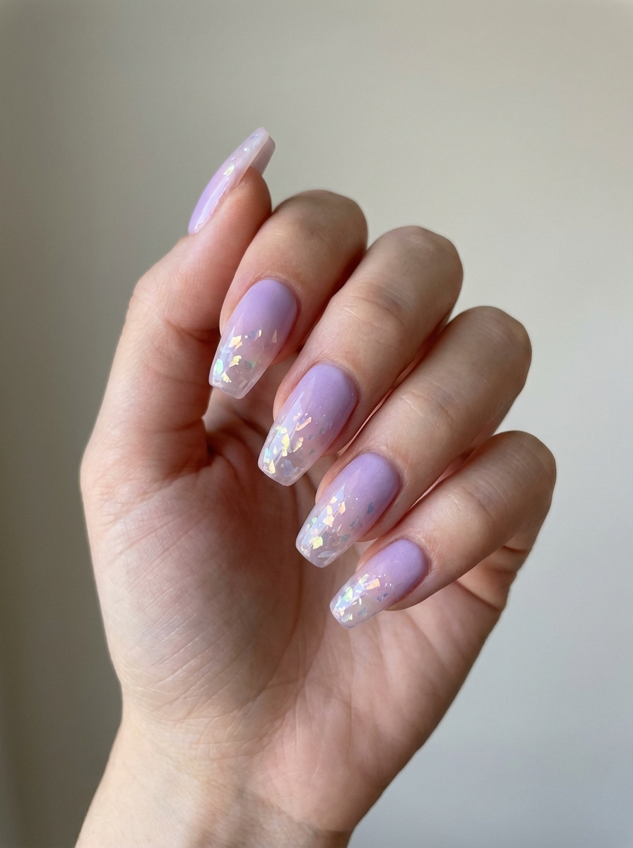 Lavender nail art idea with translucent glitter flakes on coffin-shaped nails, reflecting light for a crystal-inspired finish.