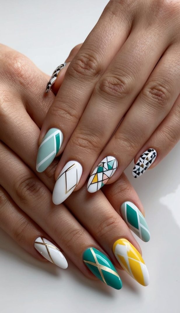 Matte white nails with mismatched triangle grids, negative space, and multicolor detailing—an edgy and modern prom nail art idea with a bold twist.