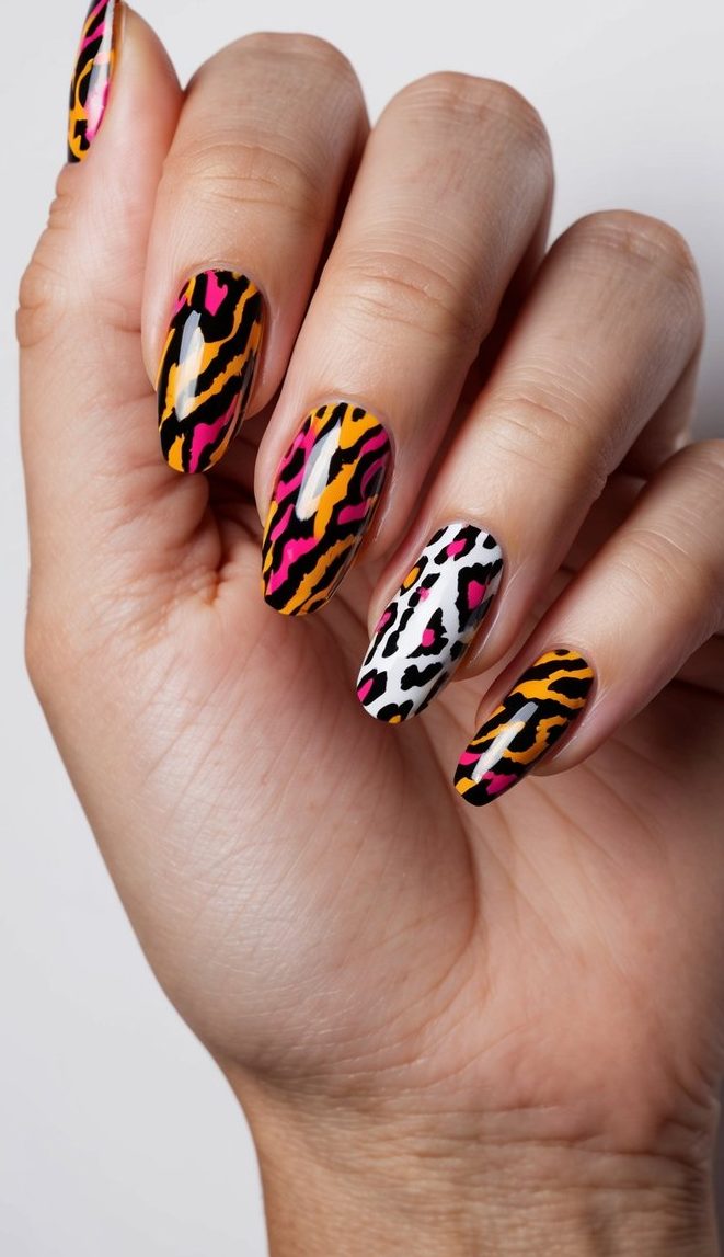 Hand featuring long nails painted with abstract leopard spots in bold pink, white, orange, and black—an artsy and playful prom nail art idea.