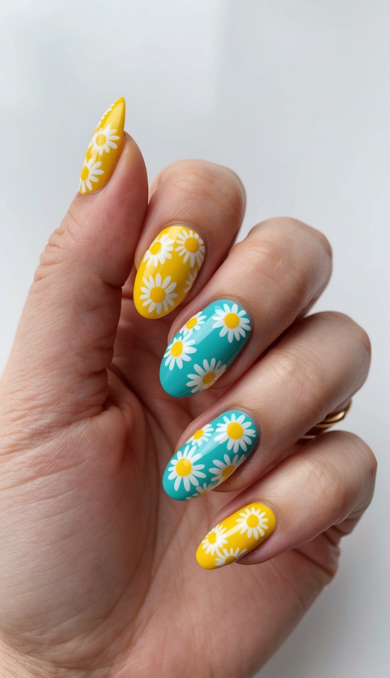Close-up of a hand wearing daisy-patterned nail art in blue and yellow, illustrating a floral spring break nail art idea.