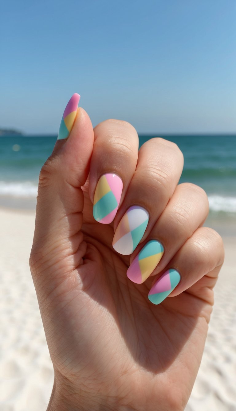 Pastel-toned nails with geometric color blocking held up against the sea—an ideal spring break nail art idea for coastal days.