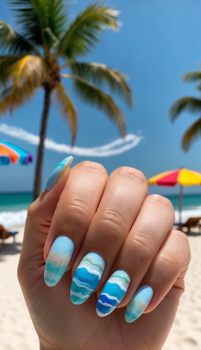 Hand with almond-shaped nails painted in layered ocean-inspired colors, perfect for a soft, serene spring break nail art idea at the beach.