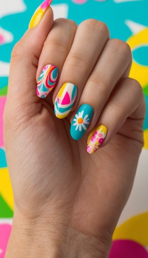 Vivid nail art in turquoise, yellow, and pink, with flowers and abstract patterns representing a creative spring break nail art idea.