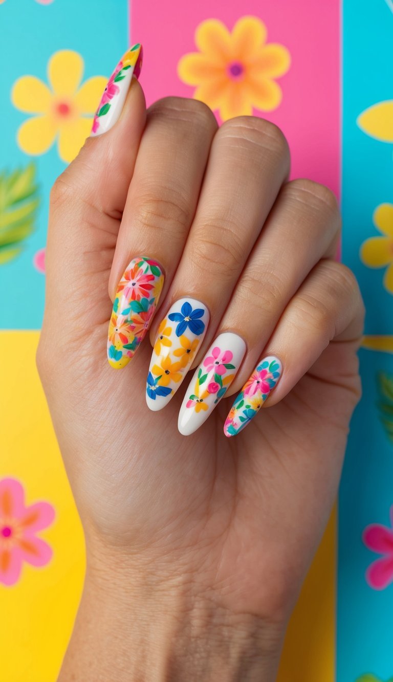 Hand with vibrant floral designs on long white nails showcasing a cheerful spring break nail art idea inspired by tropical flowers.