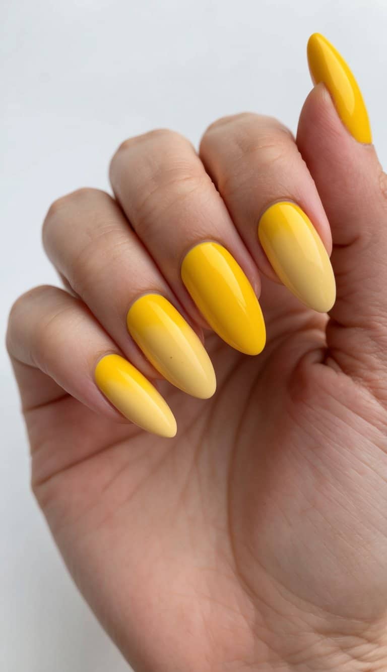 A yellow nail art idea where almond-shaped nails mirror sunlight, alternating between a soft buttery yellow and a deep golden hue, held in a gentle curled hand pose.