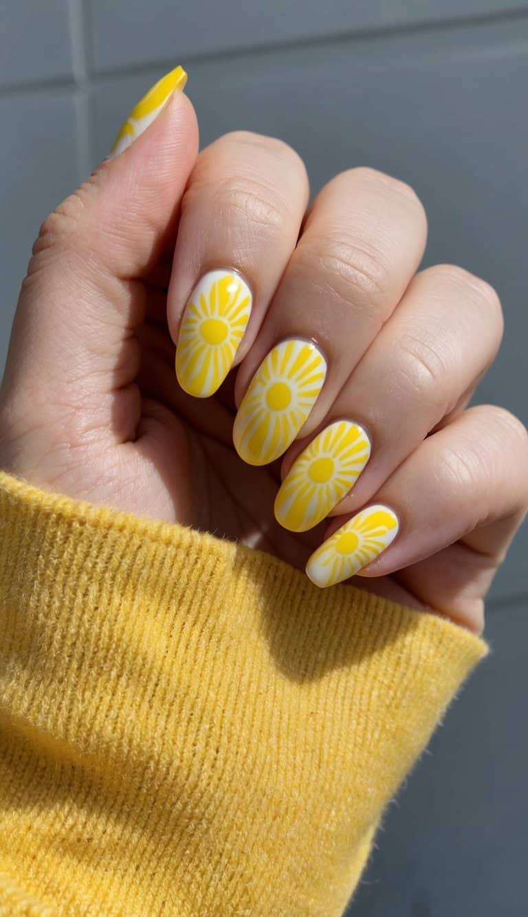 Yellow nail art idea on glossy nails showing stylized daisy-like flowers in yellow over a white base, with elongated petals creating a bold, graphic finish.