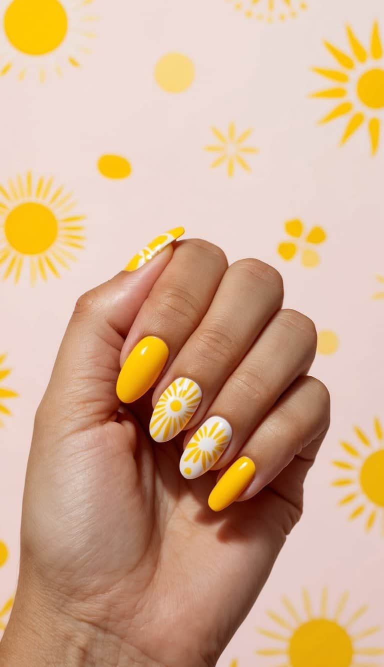 A close-up of a yellow nail art idea with alternating nails: some painted bright yellow, others detailed with white and yellow floral burst designs, surrounded by sun graphics.