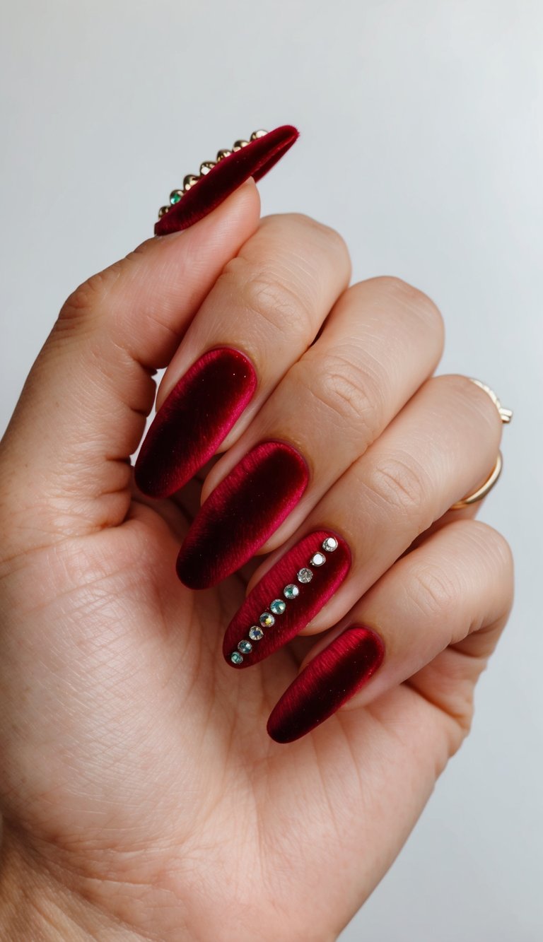 Close-up of a hand showing velvety red nails with rhinestone lines, presenting a luxe and cute red nail art idea with a satin finish.