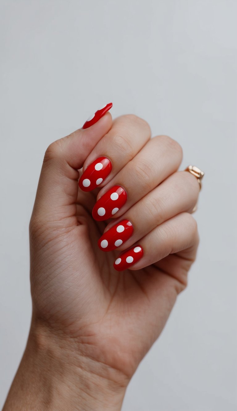 Hand with glossy red nails covered in large white polka dots, showcasing a cute red nail art idea with playful, vintage charm.