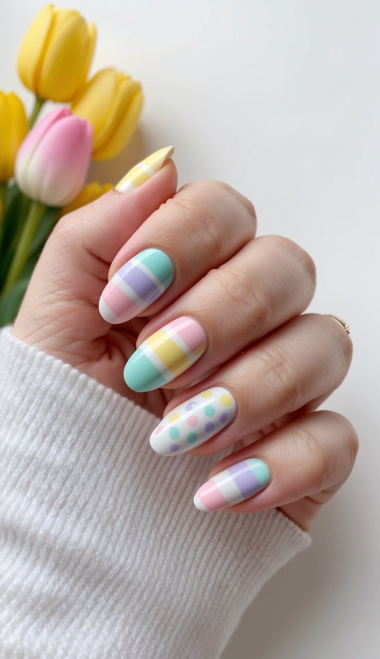 Close-up of a hand displaying an Easter nail art idea with pastel check designs and Easter-themed multicolored dots on smooth nails.