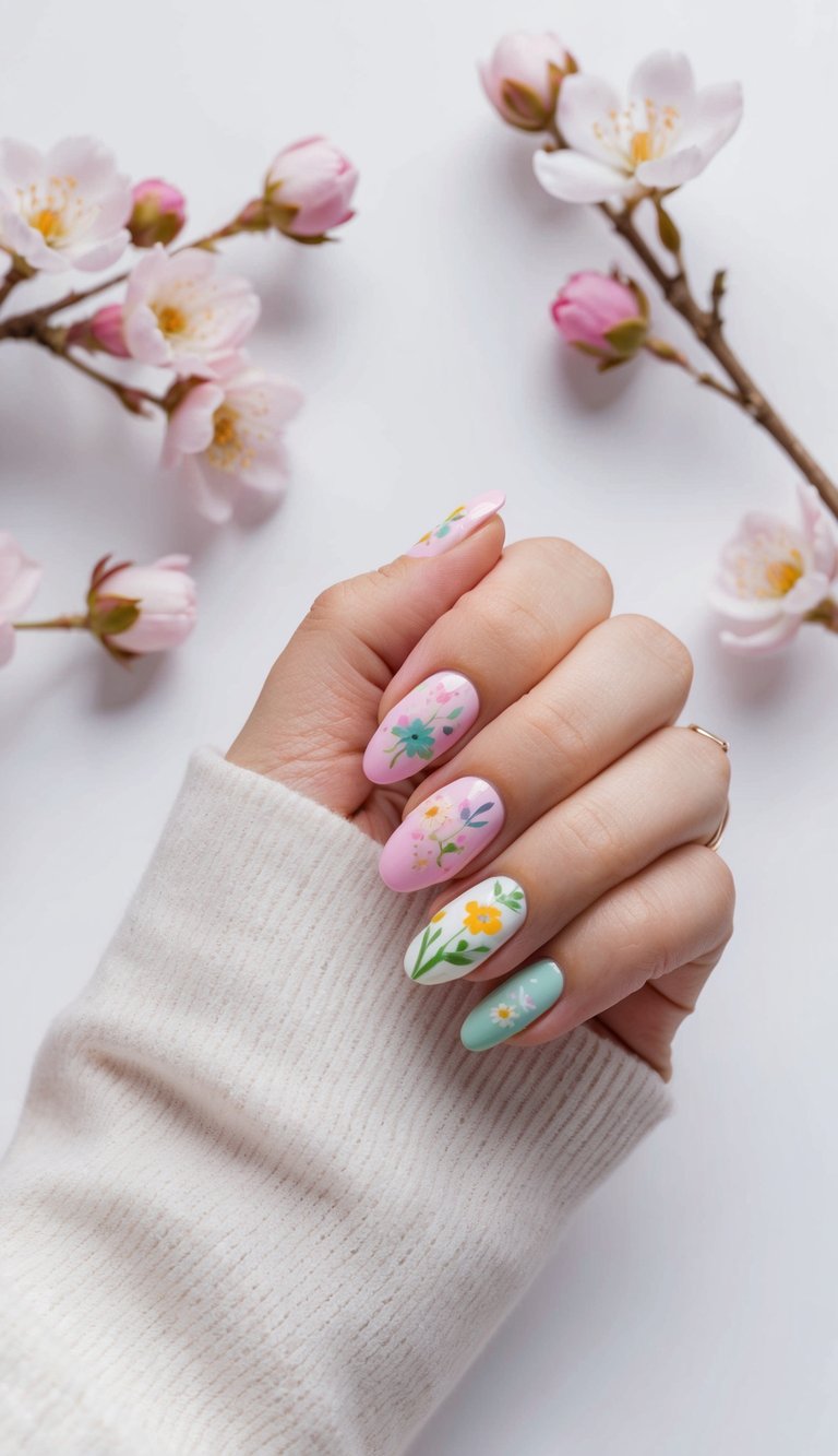 A woman's hand with almond-shaped nails painted in pink and mint, decorated with delicate hand-drawn spring flowers as an Easter nail art idea.