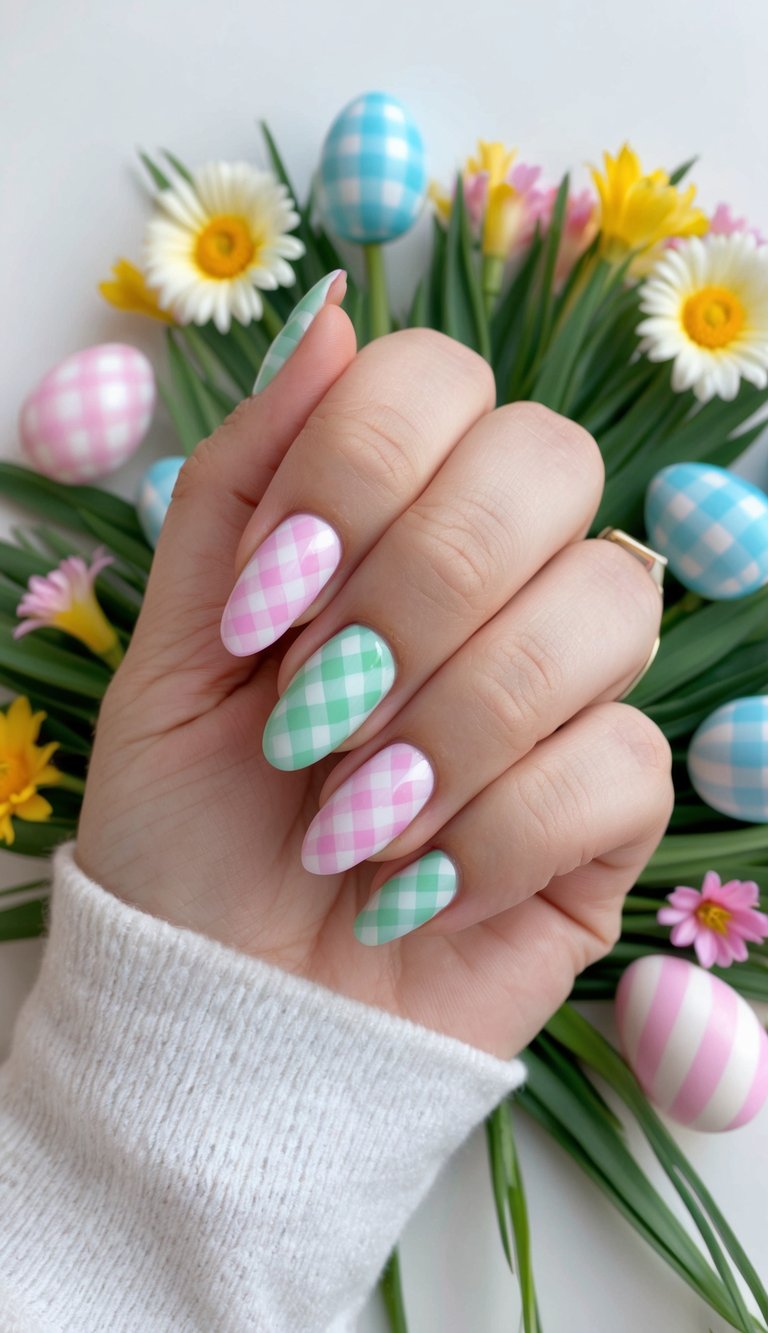 Hand shown mid-frame with alternating mint and pink gingham nails, styled near pastel gingham Easter eggs and daisies for a playful Easter nail art idea.