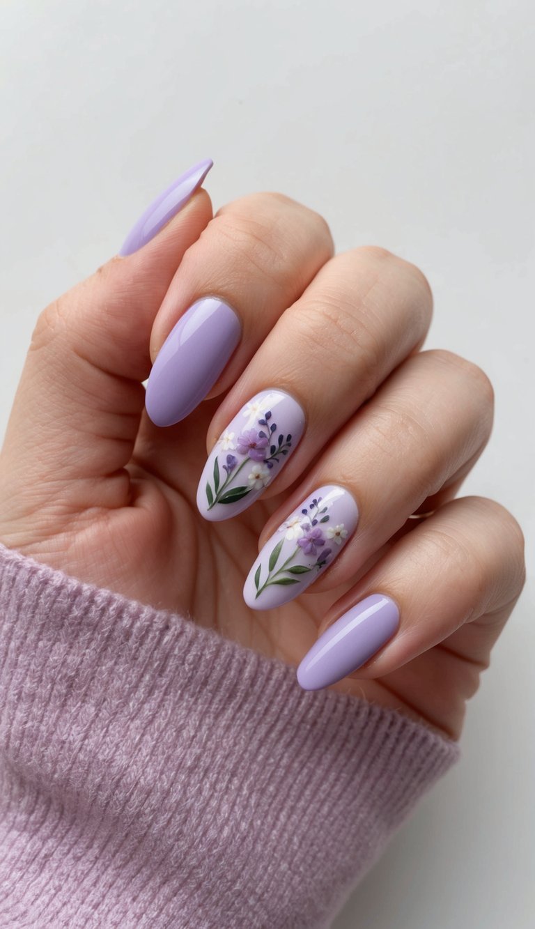 Hand showcasing a lavender nail art idea with smooth lilac polish, accented by delicate flower and leaf designs in purple, white, and green on two nails.