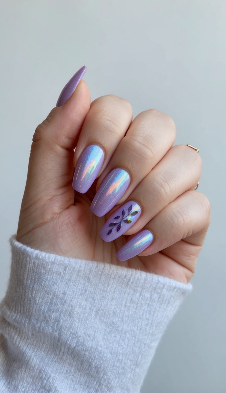 A holographic lavender nail art idea on almond-shaped nails, reflecting multicolor shimmer with a statement nail that shows off bold petal-shaped accents.