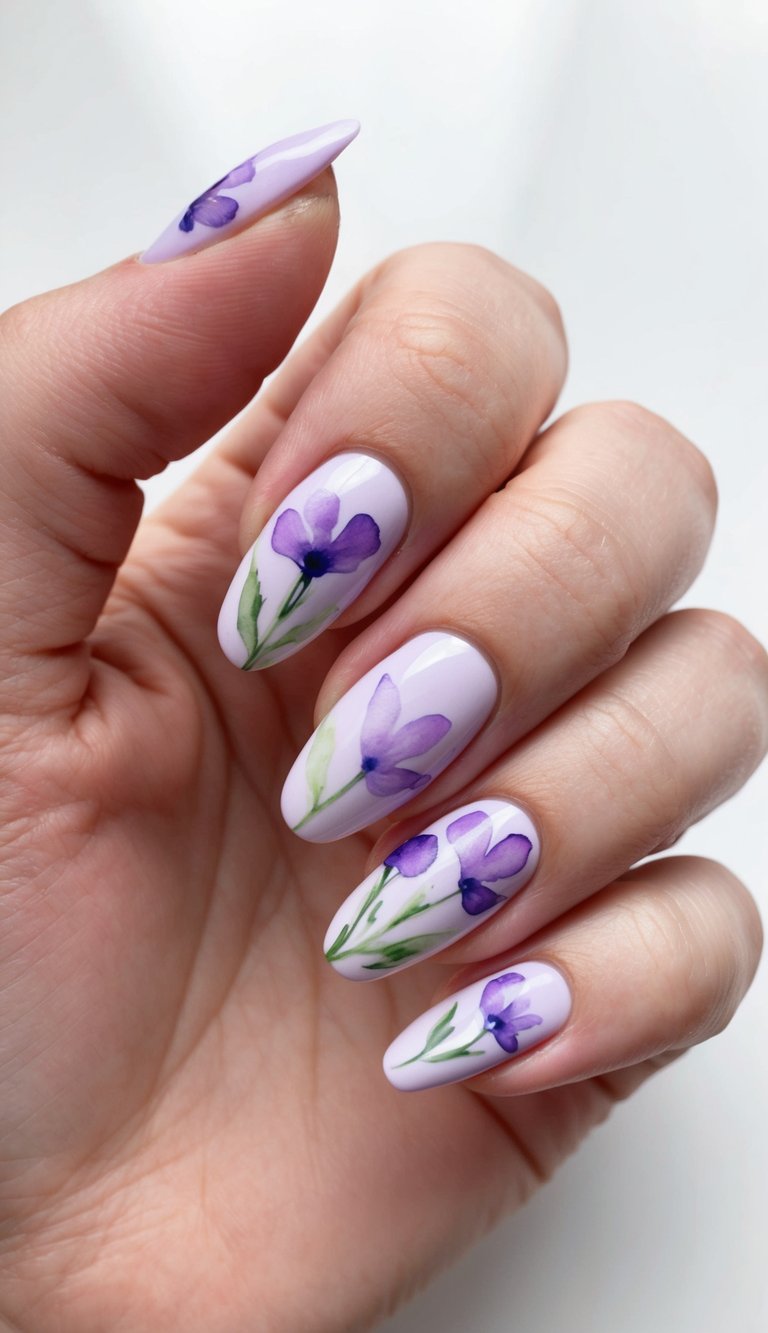 Lavender nail art idea featuring almond nails with a light lavender base, decorated with fine floral artwork in varying purple tones and natural green stems.