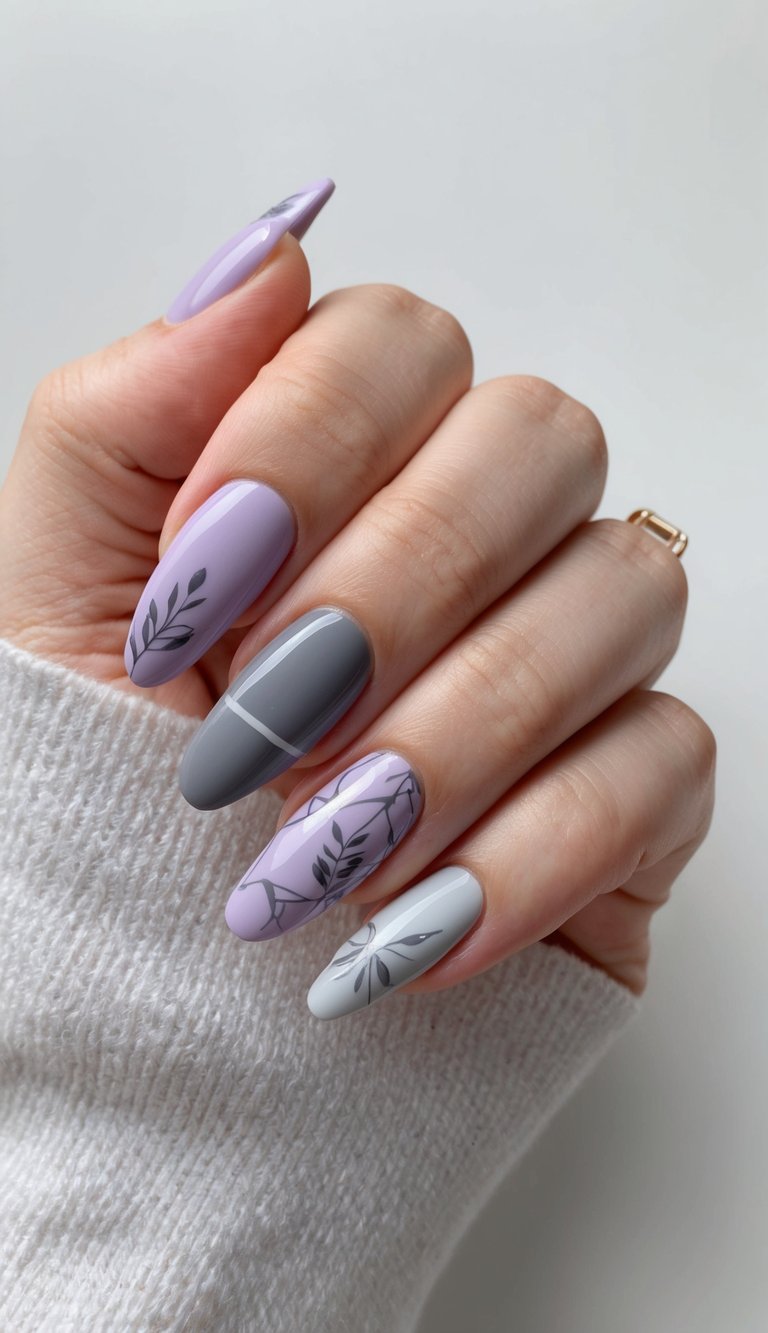 Close-up of a hand showing off a lavender nail art idea with moody greys, creamy whites, and lilac hues, all tied together with fine leaf illustrations.