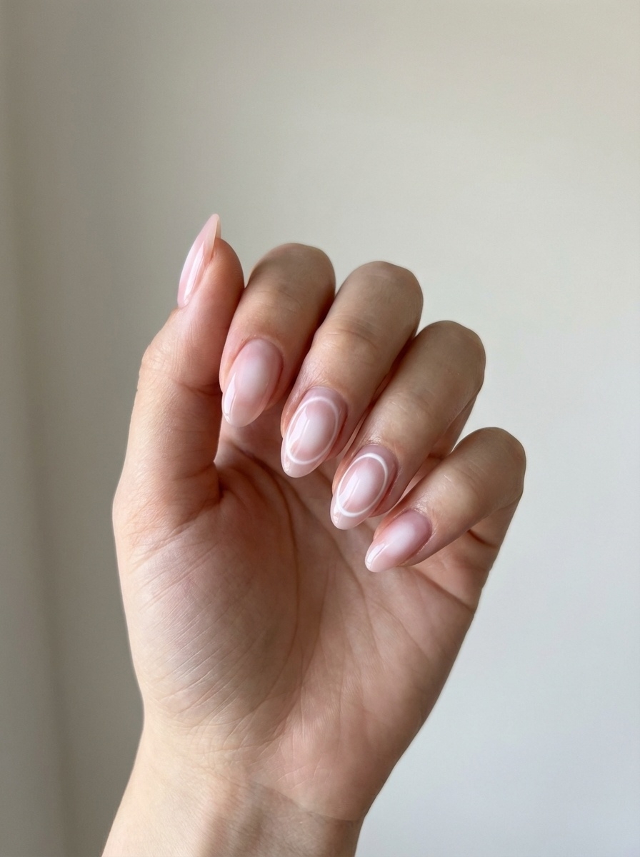 Close-up of a hand displaying a pink and white nail art idea with calm blush and white rounded shapes layered over natural nails.