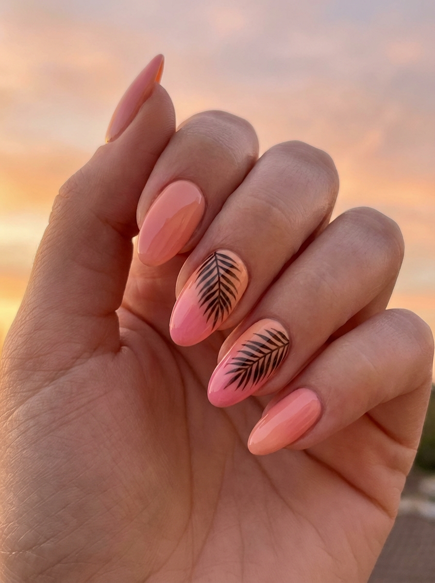Close-up of coral gradient nails with black palm leaves, capturing a laid-back spring break nail art idea perfect for tropical adventures.
