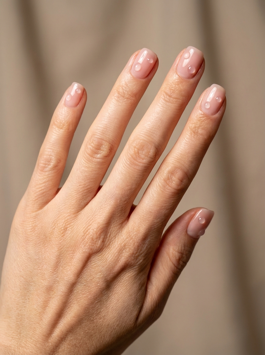 A simple spring nail art idea featuring styled nails  with a nude polish and raised gel droplets resembling springtime rain on a smooth surface.
