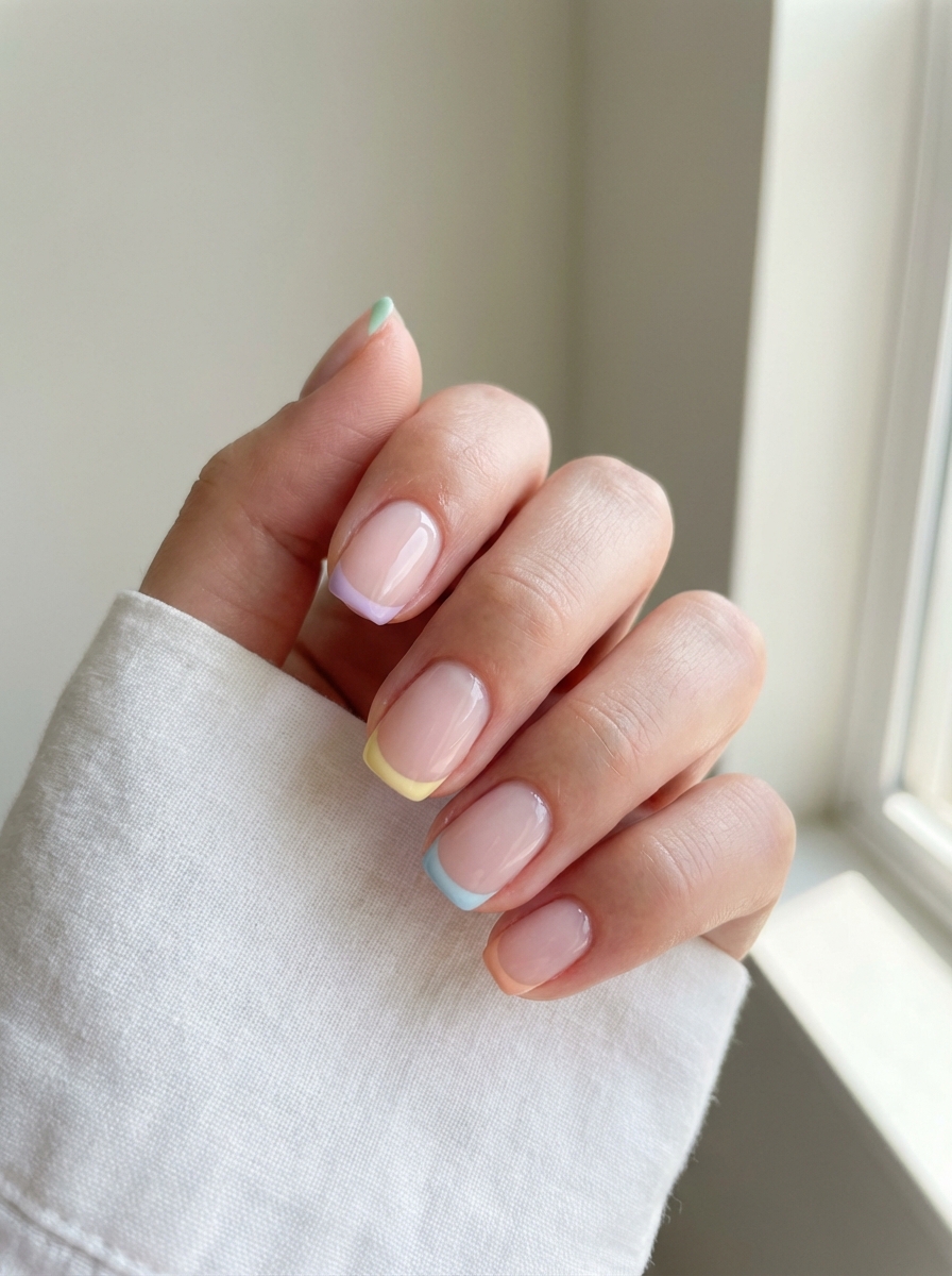 A neatly manicured hand features glossy nude polish and thin French tips in soft spring colors, highlighting a subtle simple spring nail art idea.