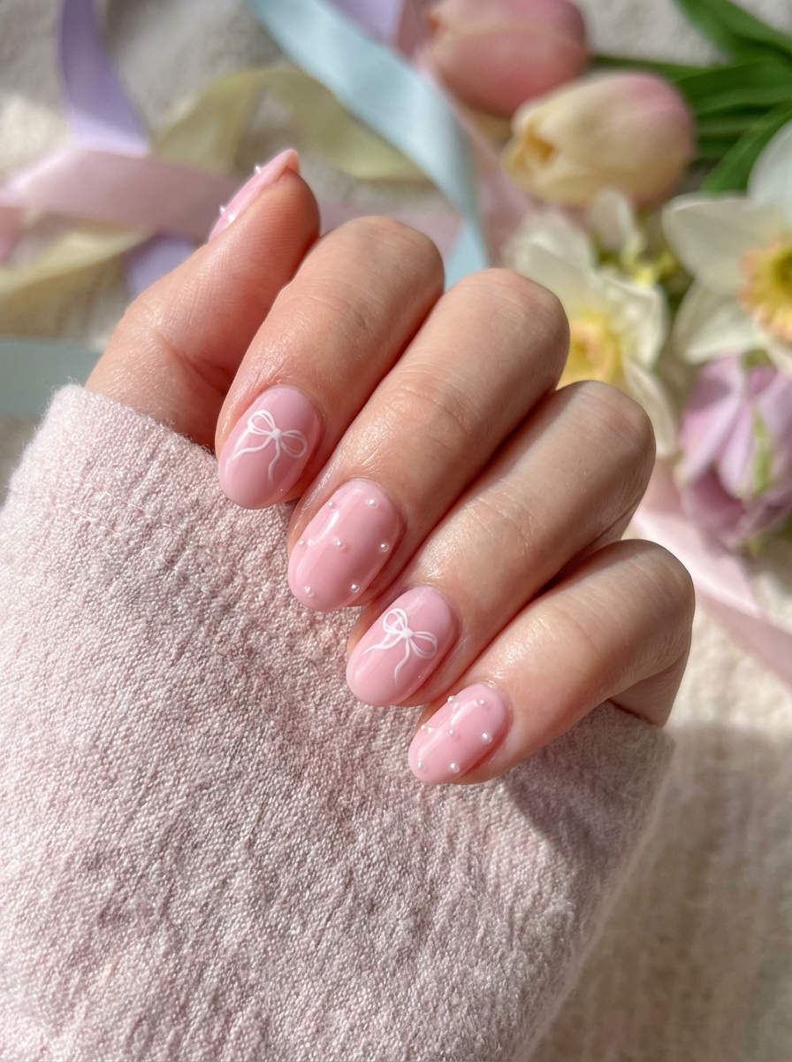 Close-up of a hand with blush pink nails showcasing a dainty easter nail art idea featuring white bow accents and tiny dot detailing.