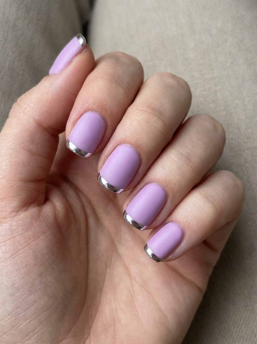 A close-up image of a hand displaying a lilac nail art idea, showcasing pastel purple nails accented by thin silver chrome tips in natural lighting.