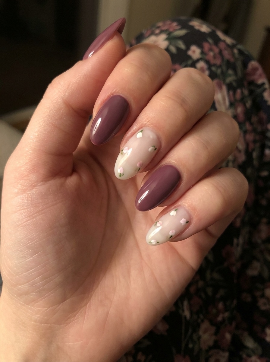 Hand shown with mauve nail art idea, displaying glossy mauve almond nails and nude accent nails decorated with tiny white and blush floral details under warm indoor lighting.