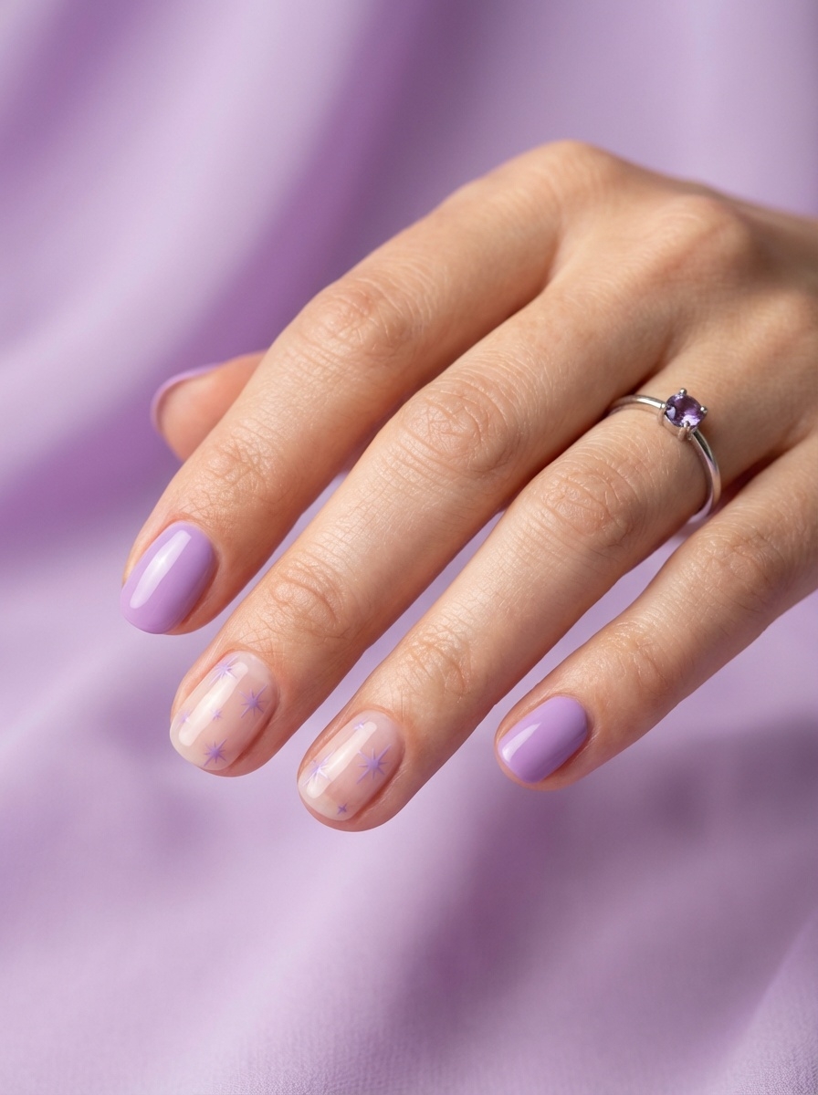 Hand resting against a lavender background showing lilac nail art idea with glossy pastel purple nails, sheer nude accents, tiny star details, and a silver ring on the finger