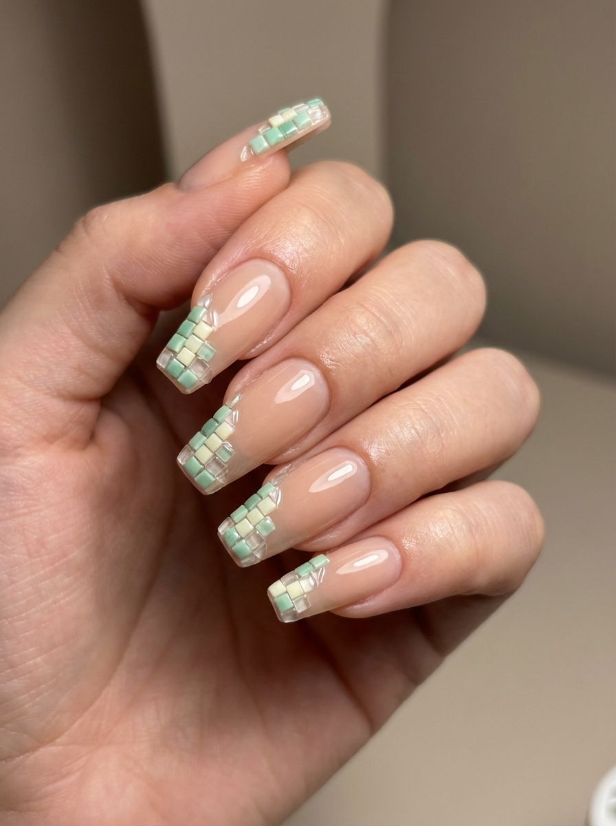 Natural light image of a hand featuring nude nails decorated with small mint green and pastel yellow square details, captured as a modern mint green nail art idea.
