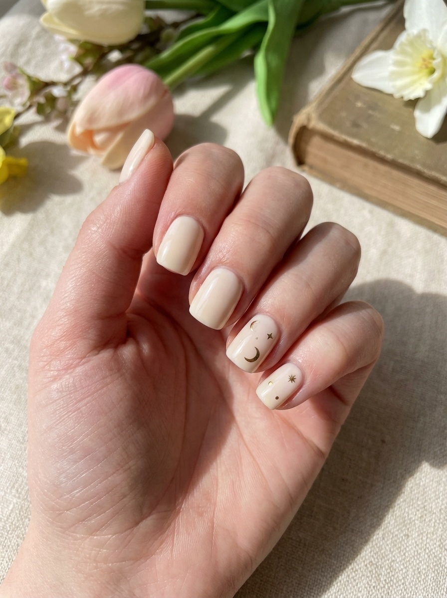 Sunlit hand resting on linen fabric shows an aesthetic nail art idea with creamy beige square nails, minimal gold moon and star details, and a smooth glossy finish.