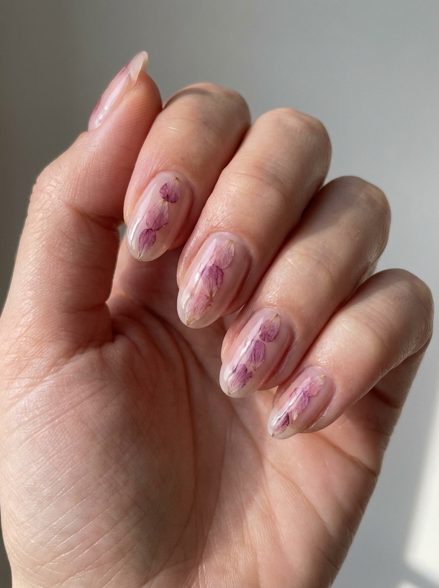 Hand held in natural light showing a mauve nail art idea with translucent nude nails featuring pressed mauve flower details sealed under a glossy finish