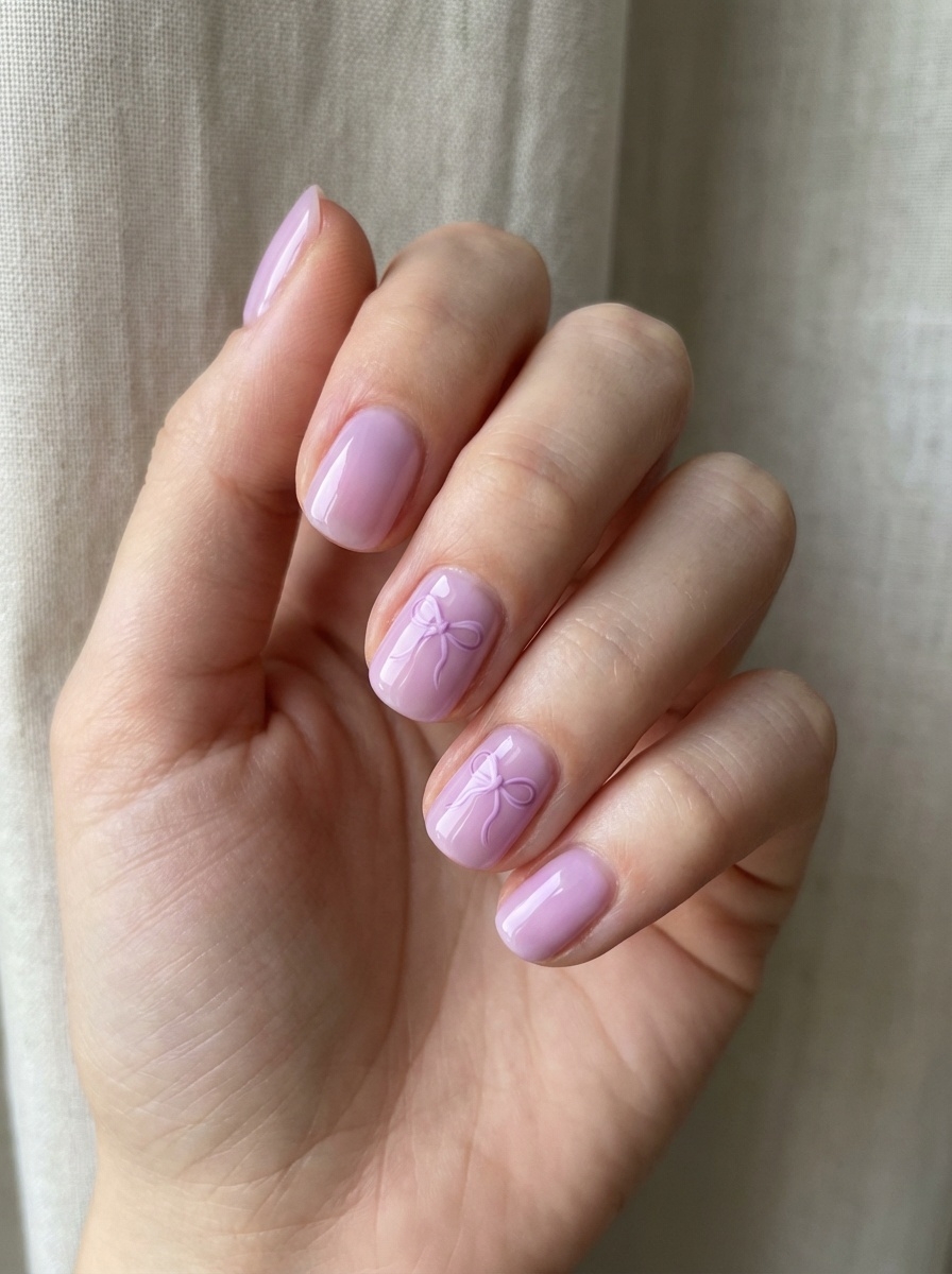 A softly lit hand posed in front of a neutral curtain, displaying a lilac nail art idea with glossy pastel nails and small bow embellishments on accent nails.