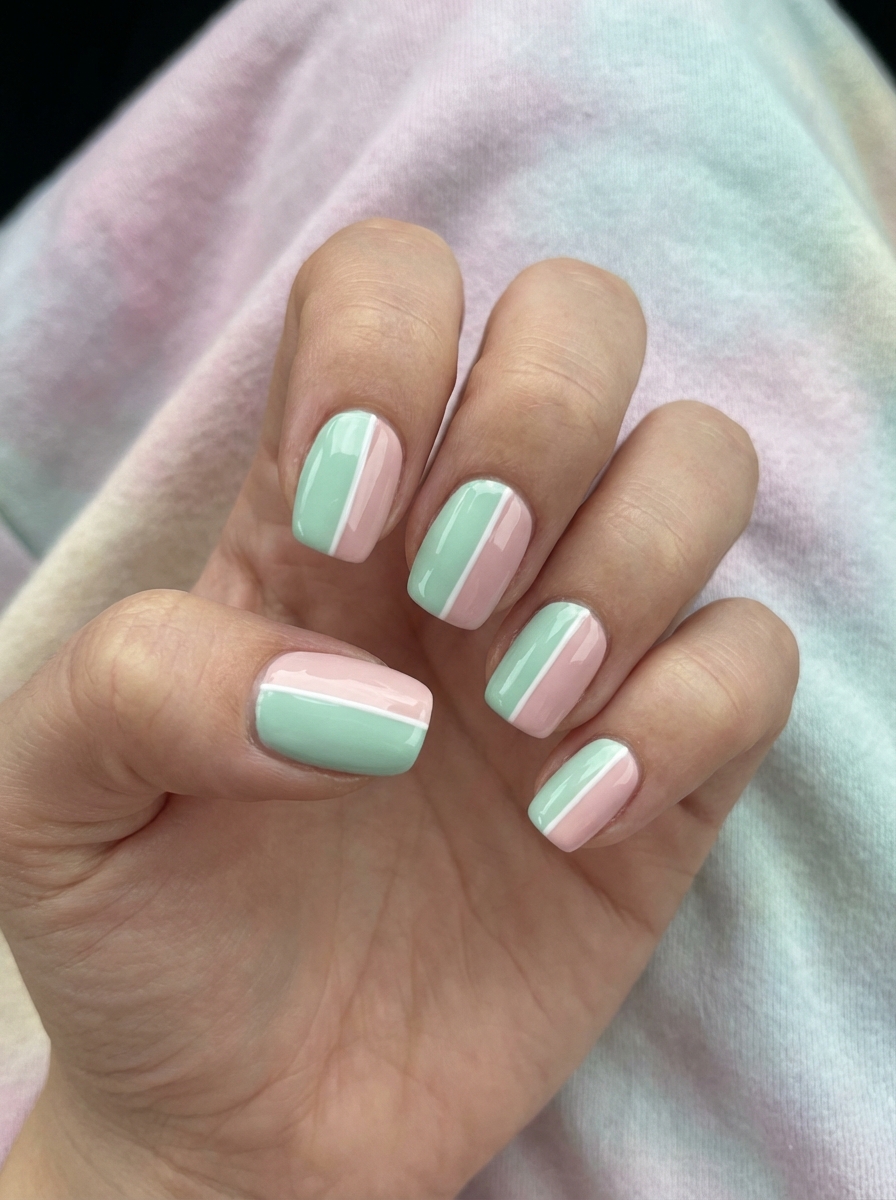 Fingers gently curled against a pastel fabric background, highlighting mint green and blush pink nails with white line details, styled as a soothing mint green nail art idea.
