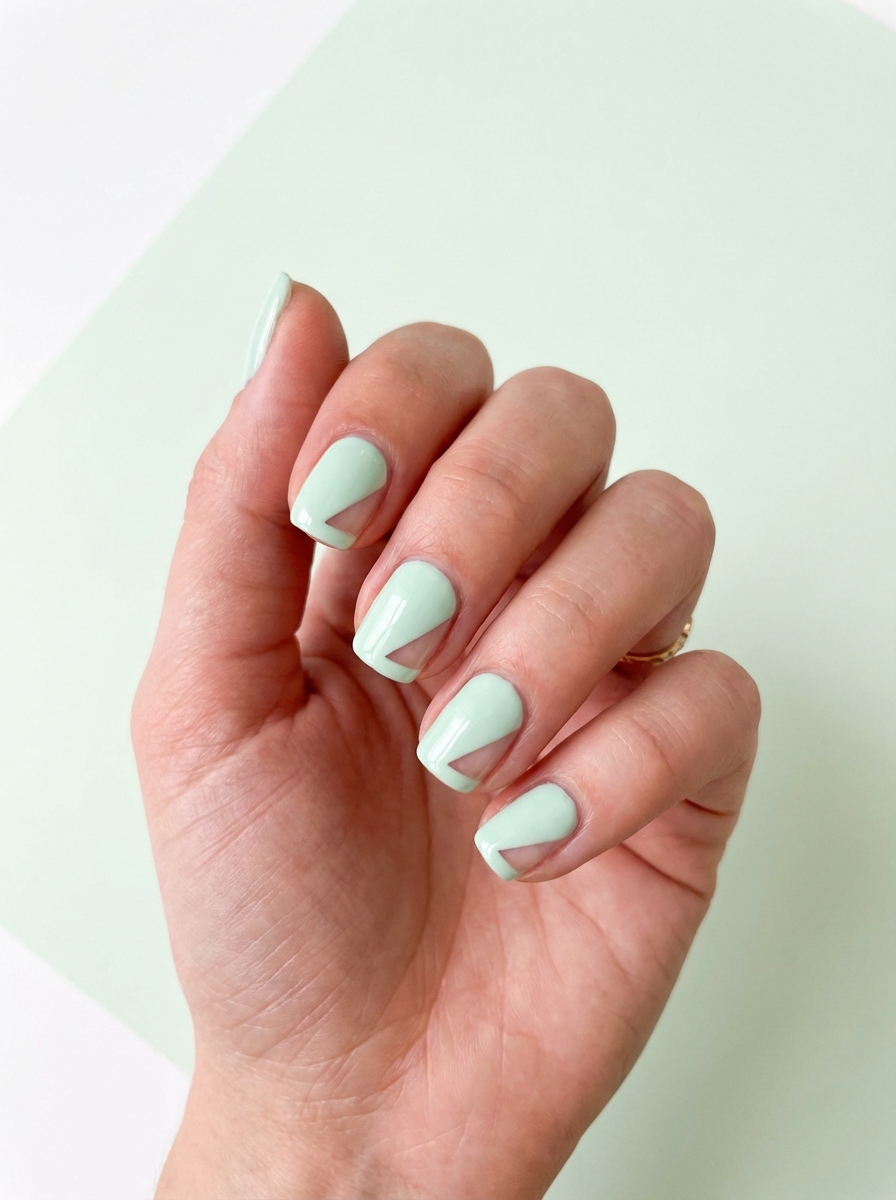 Natural light image of a hand featuring pastel mint green nails with diagonal geometric cut-outs, captured as a trendy mint green nail art idea.