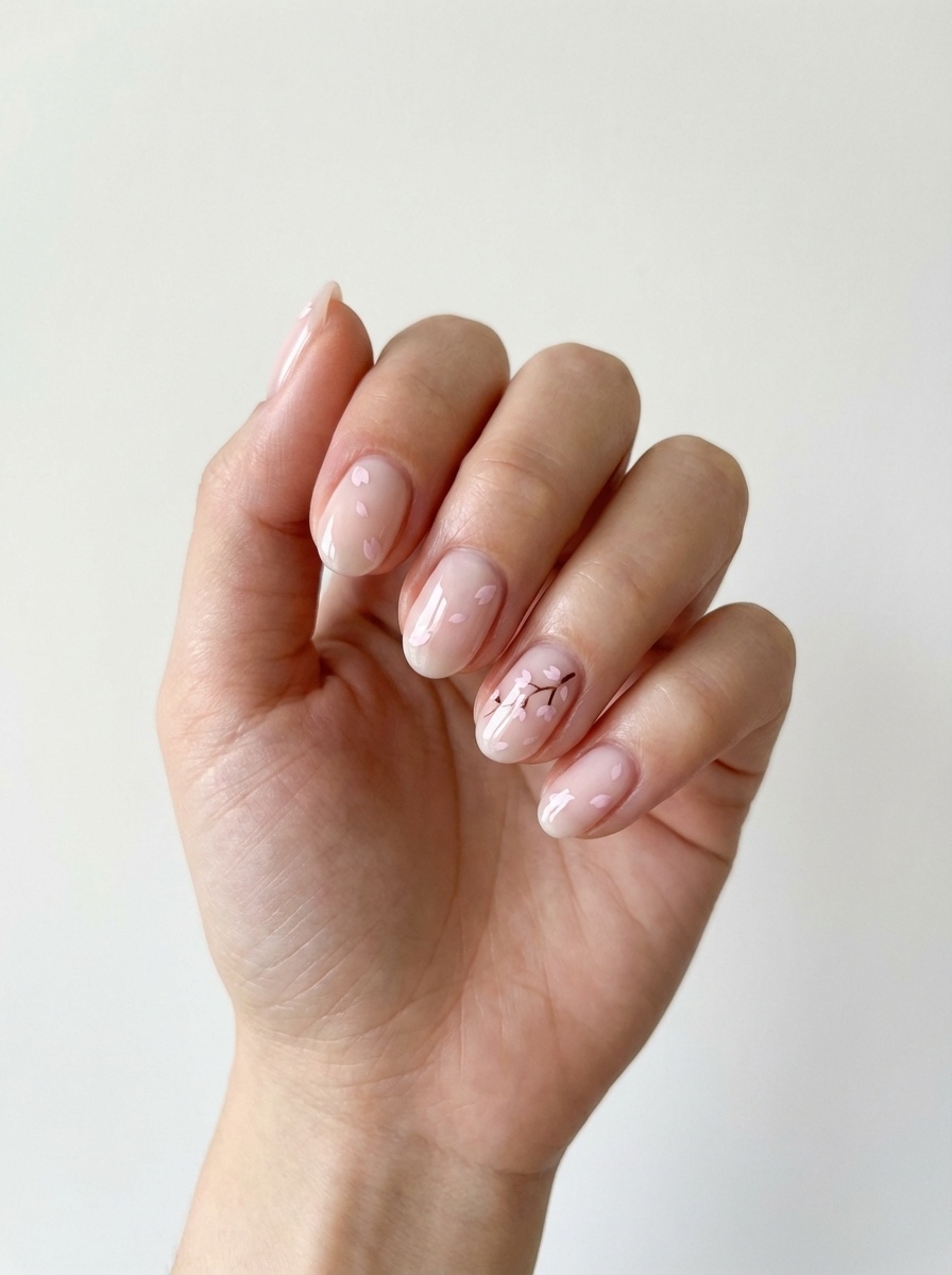 Close-up of fingers against a neutral background featuring an aesthetic nail art idea with glossy translucent pink nails, delicate petal shapes, and minimalist floral artwork.