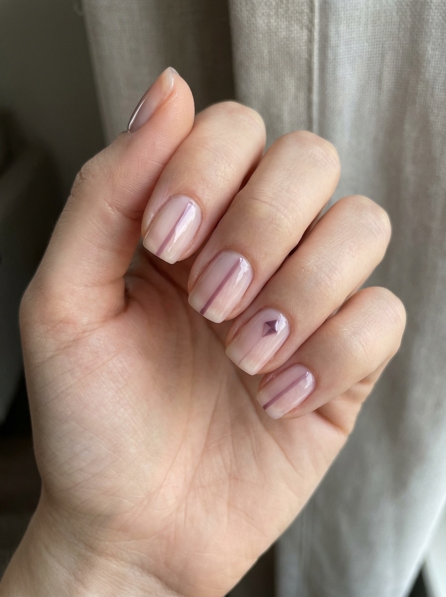 Close-up of a hand displaying a mauve nail art idea with glossy sheer mauve nails, soft vertical striping, and a minimal gem detail on one nail