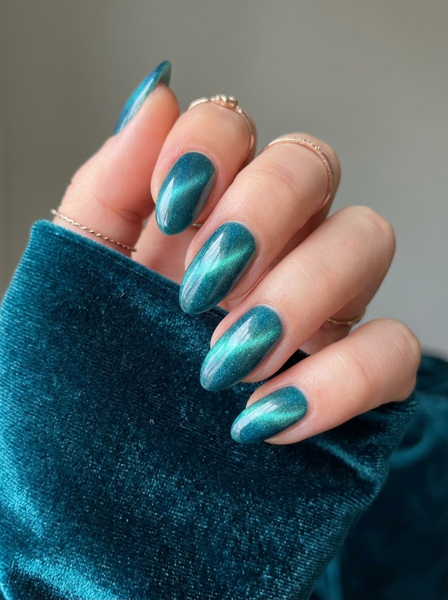 An angled view of a hand holding teal fabric, highlighting a teal nail art idea with shimmering teal cat-eye nails shaped into sleek almonds.