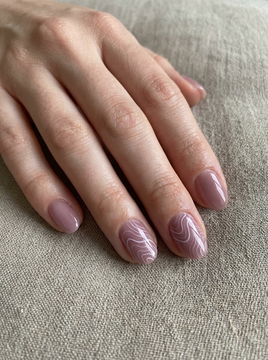 Close-up of fingers on neutral fabric showing a mauve nail art idea with short mauve nails and white abstract wave patterns on two nails