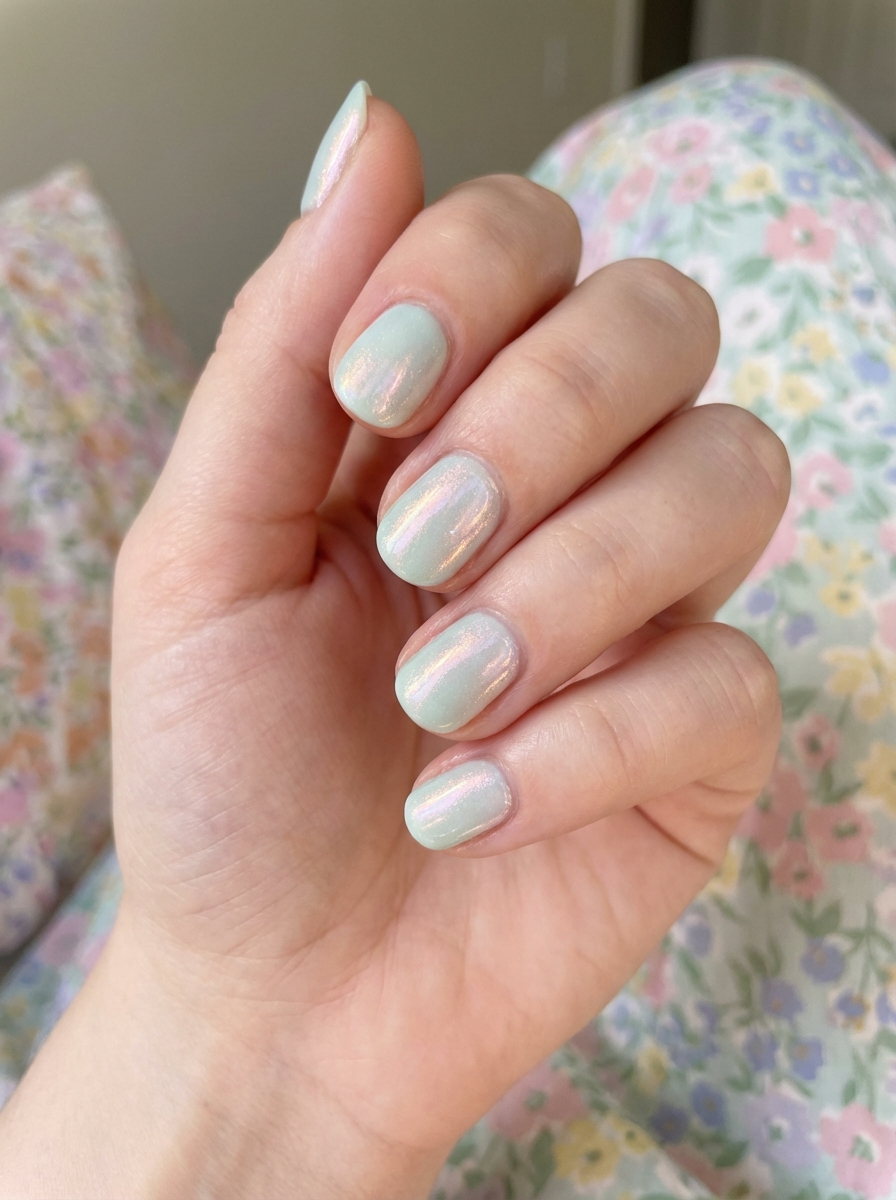 A close-up of a hand displays a mint green nail art idea with rounded nails finished in glossy pastel green and a subtle iridescent glow.
