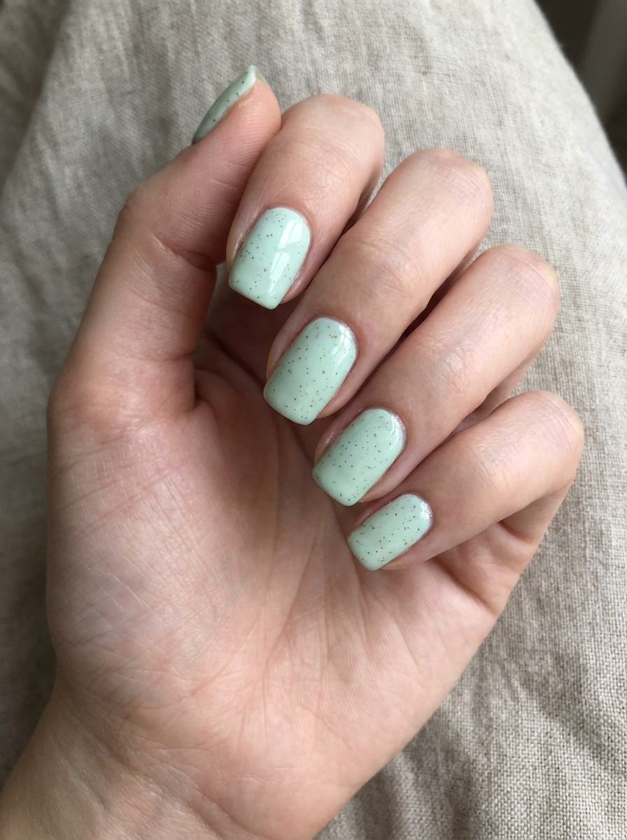 Close-up of a relaxed hand displaying pastel mint green nails with delicate speckle accents, photographed against a neutral linen background for a cozy mint green nail art idea.