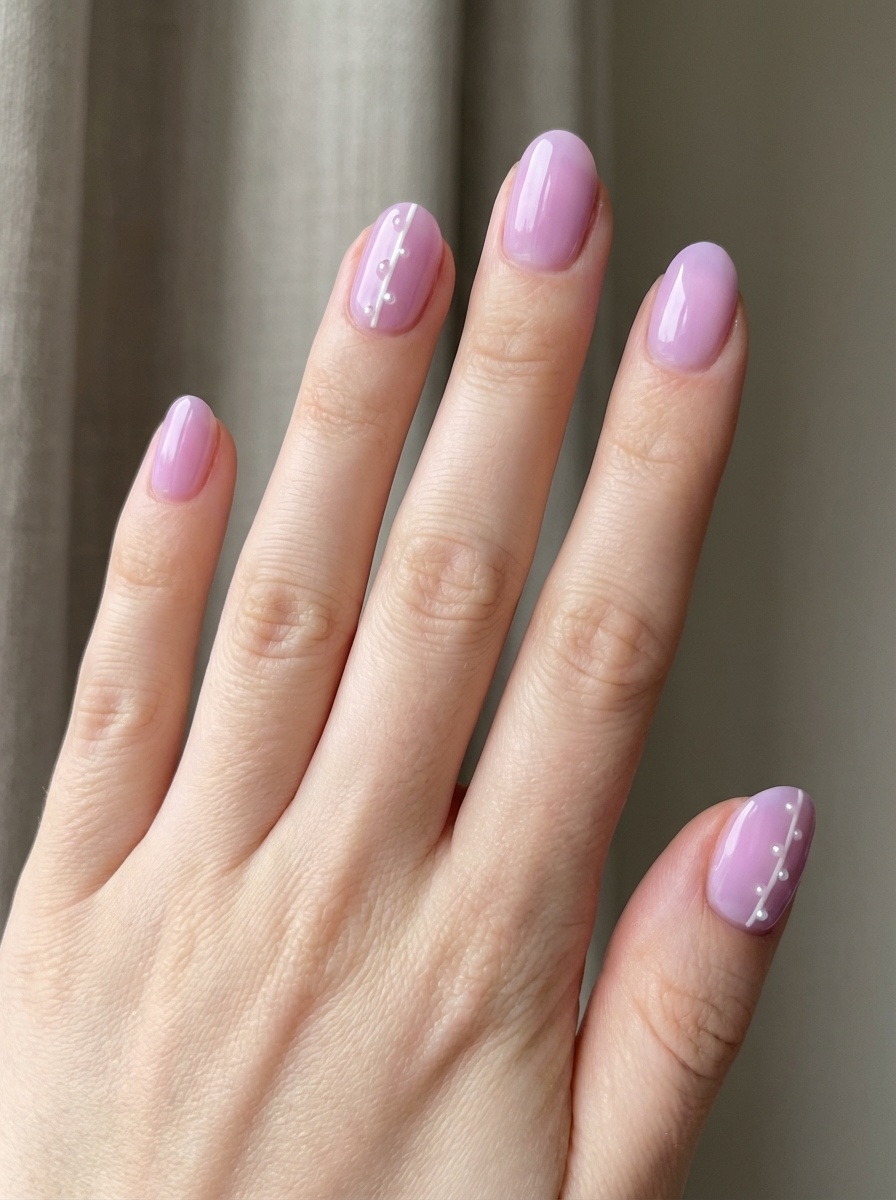 A natural-light photo of a hand displaying a lilac nail art idea with translucent lilac polish and small pearl designs arranged neatly on select nails.
