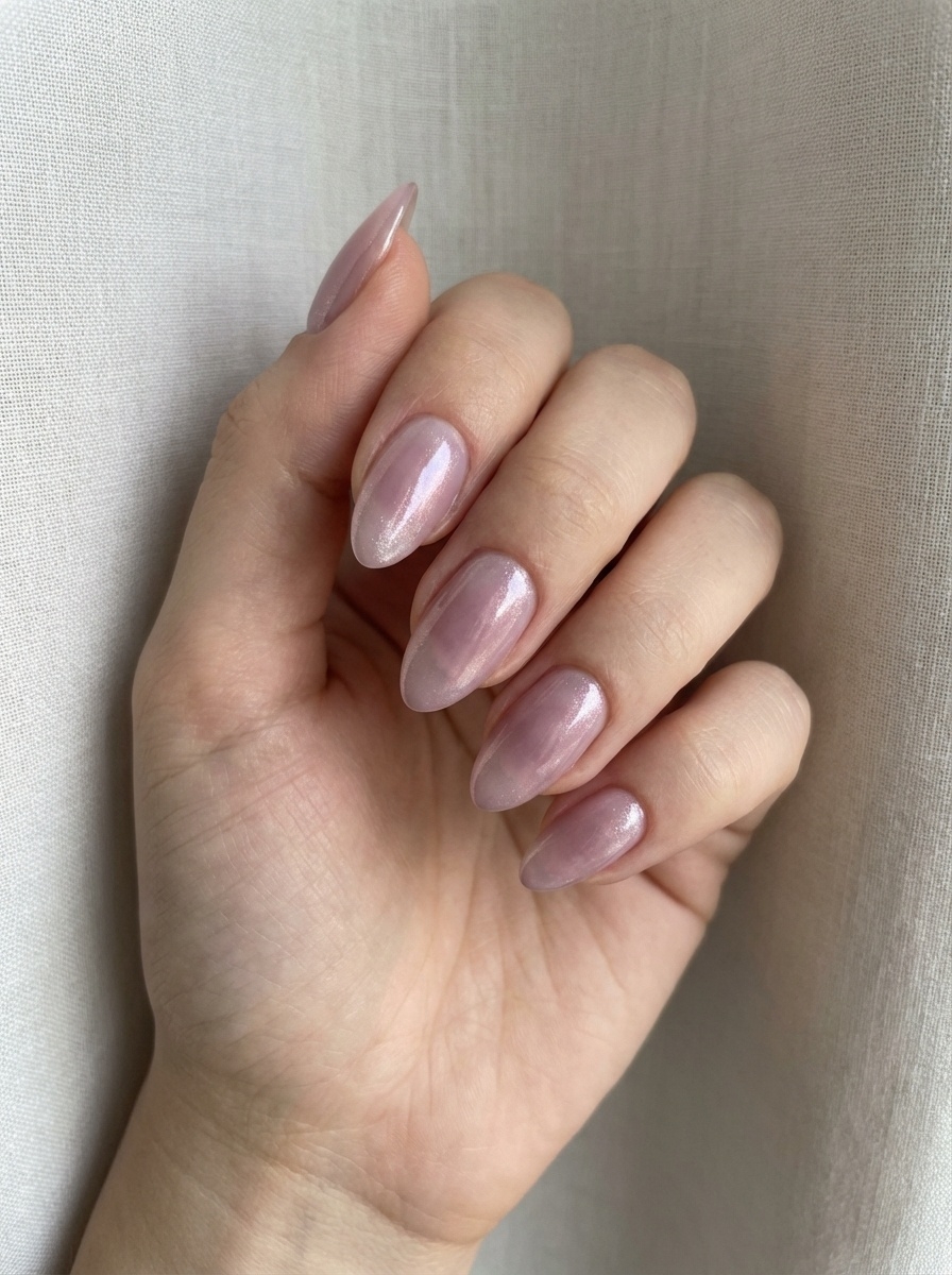 Close-up of a hand displaying a mauve nail art idea with translucent mauve almond-shaped nails and a smooth pearl-like shine