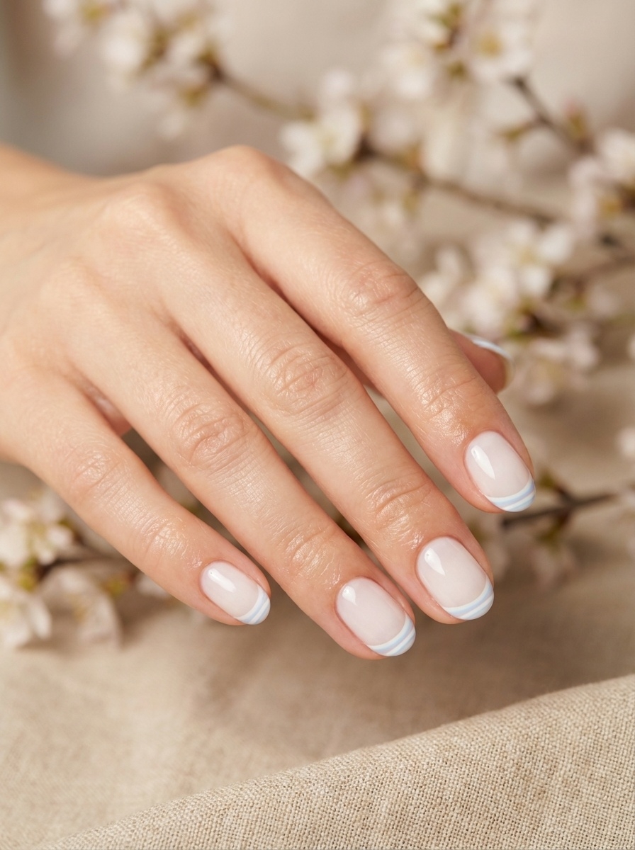 Soft studio image of a hand resting on neutral fabric, showcasing an aesthetic nail art idea with glossy nude nails and subtle double-lined French tips in white and pale blue.