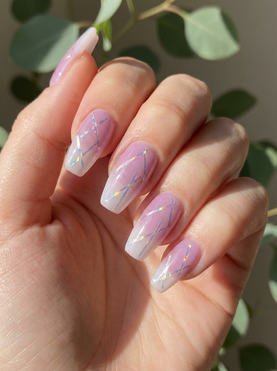 A hand in direct sunlight showing a lilac nail art idea with sheer lilac coffin nails detailed with diagonal iridescent striping and a leafy green background.