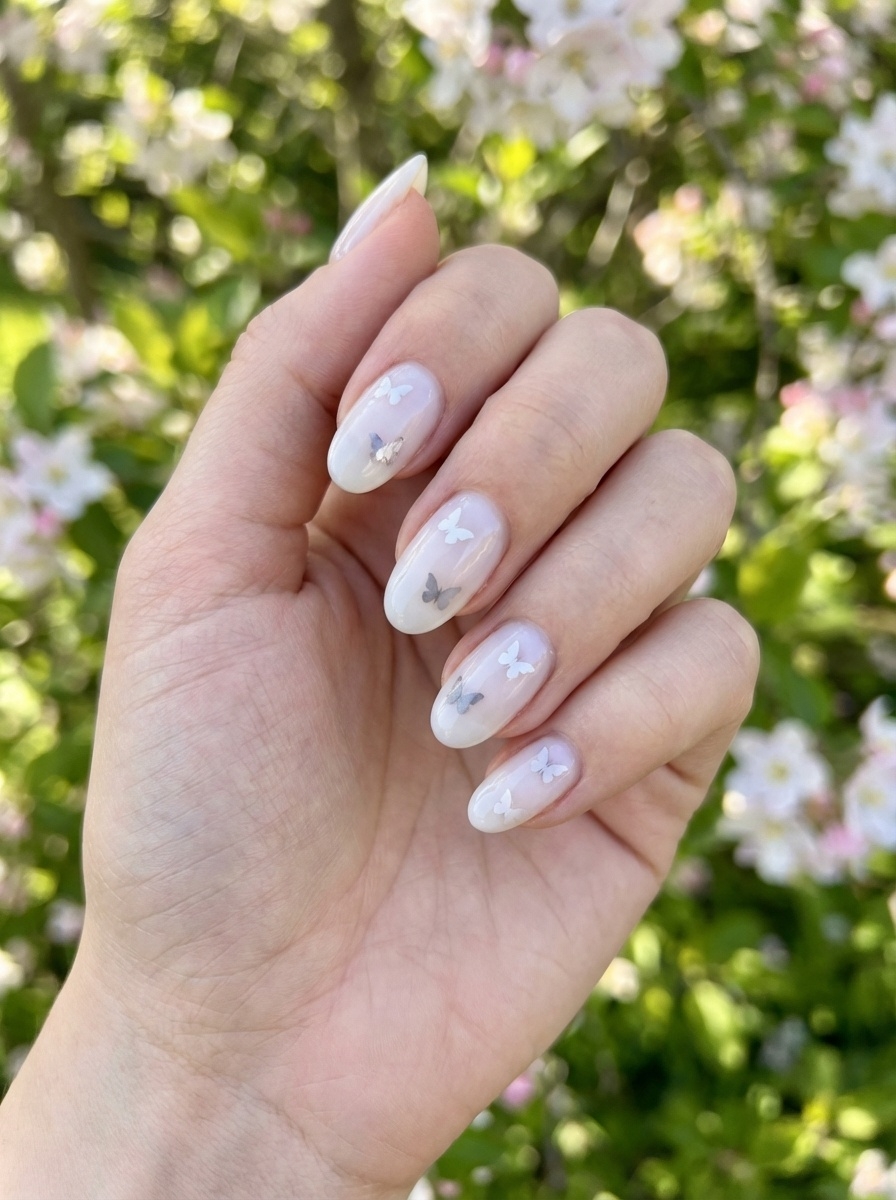 Hand photographed in natural light near blossoms, featuring an aesthetic nail art idea with sheer nude nails and delicate butterfly accents scattered across each nail.