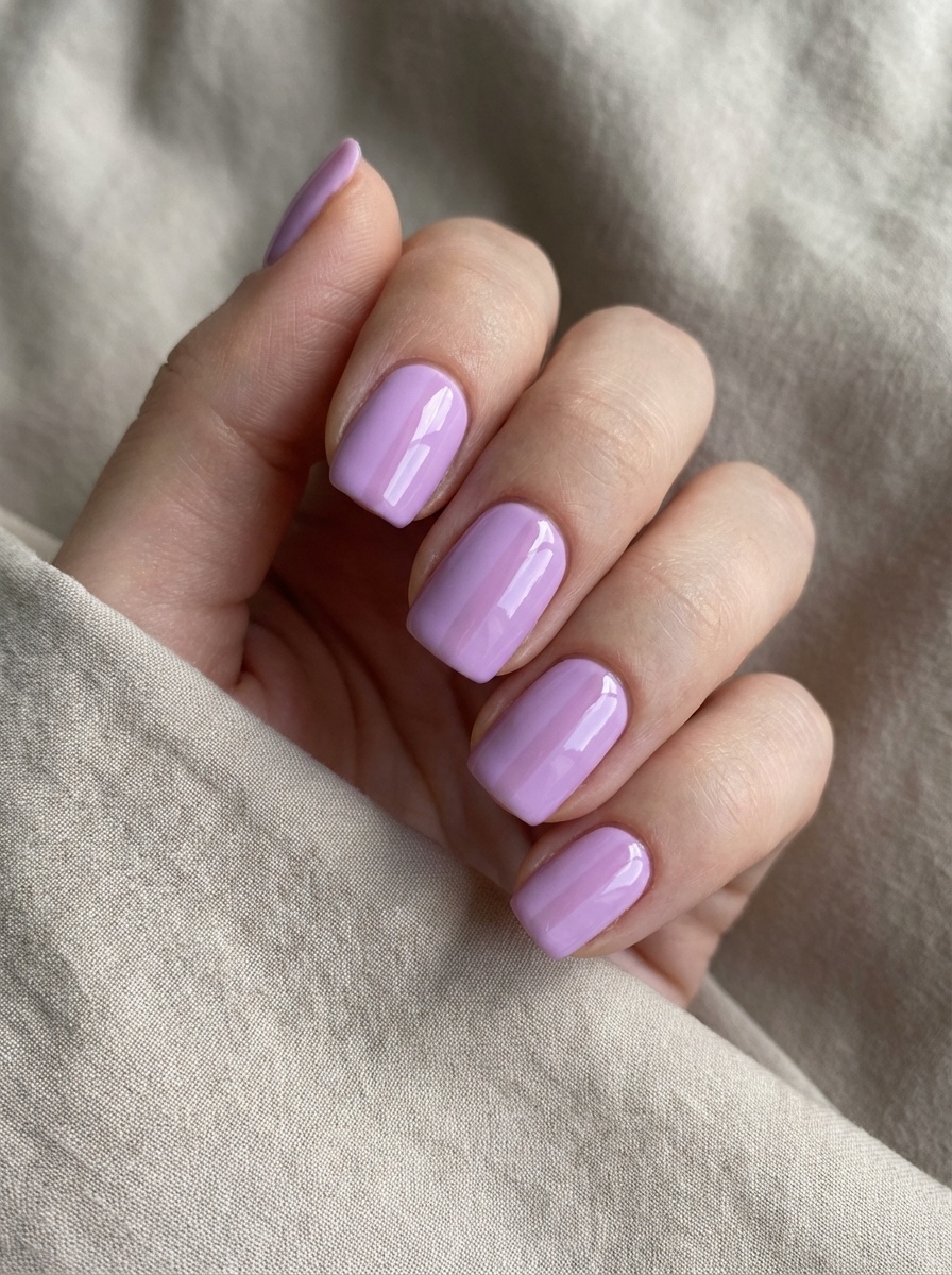 Close-up of a hand with short, neatly manicured nails painted in a glossy lavender color, resting on a beige fabric surface.