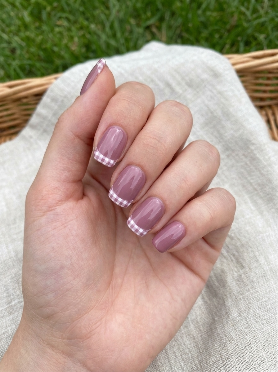 Curled fingers showcase a mauve nail art idea with glossy mauve nails and fine white checkered French tips in a soft outdoor setting.