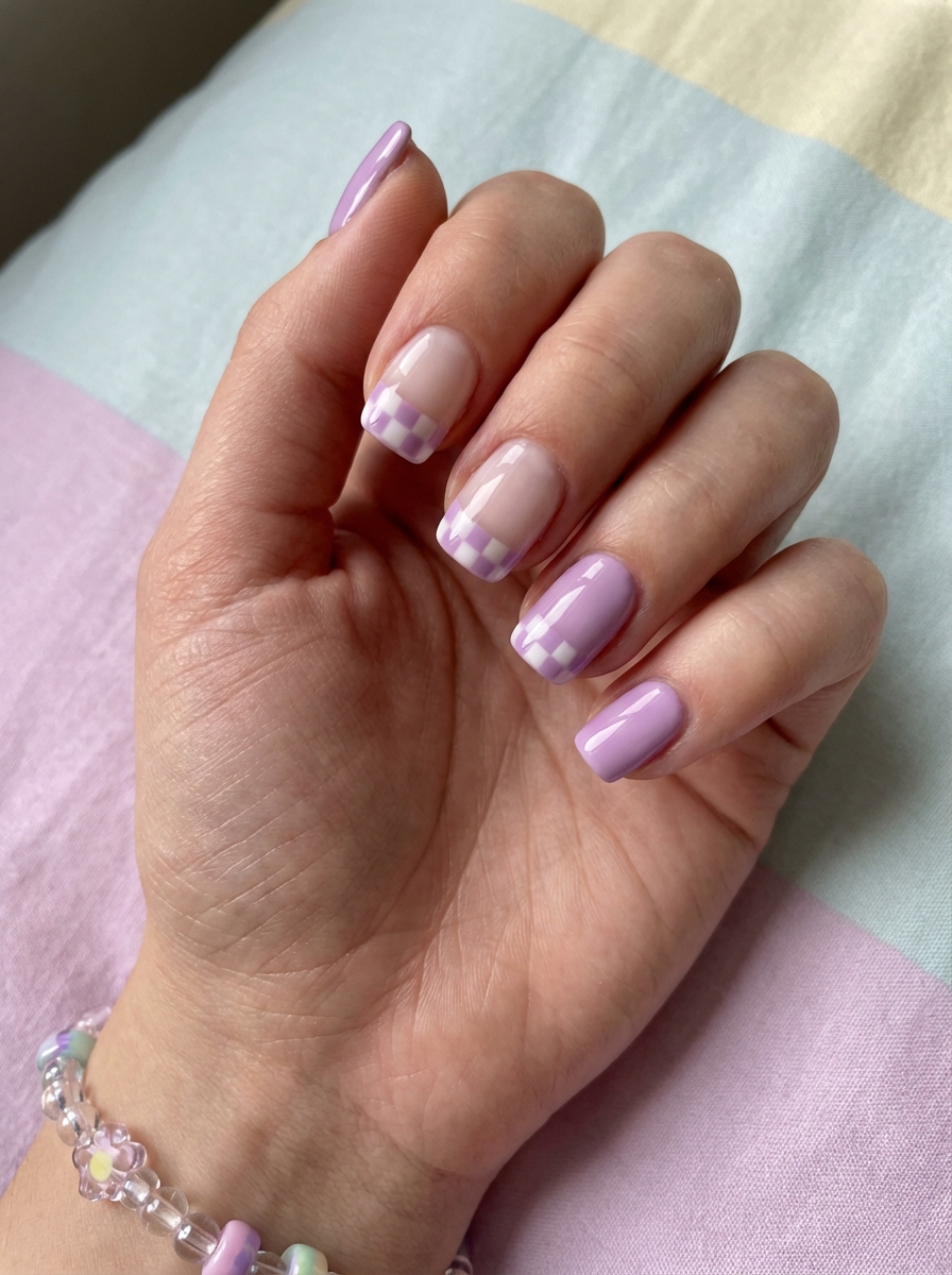 A hand resting on pastel fabric, displaying a lilac nail art idea with square nails, glossy finishes, and light lilac checkerboard tip designs.